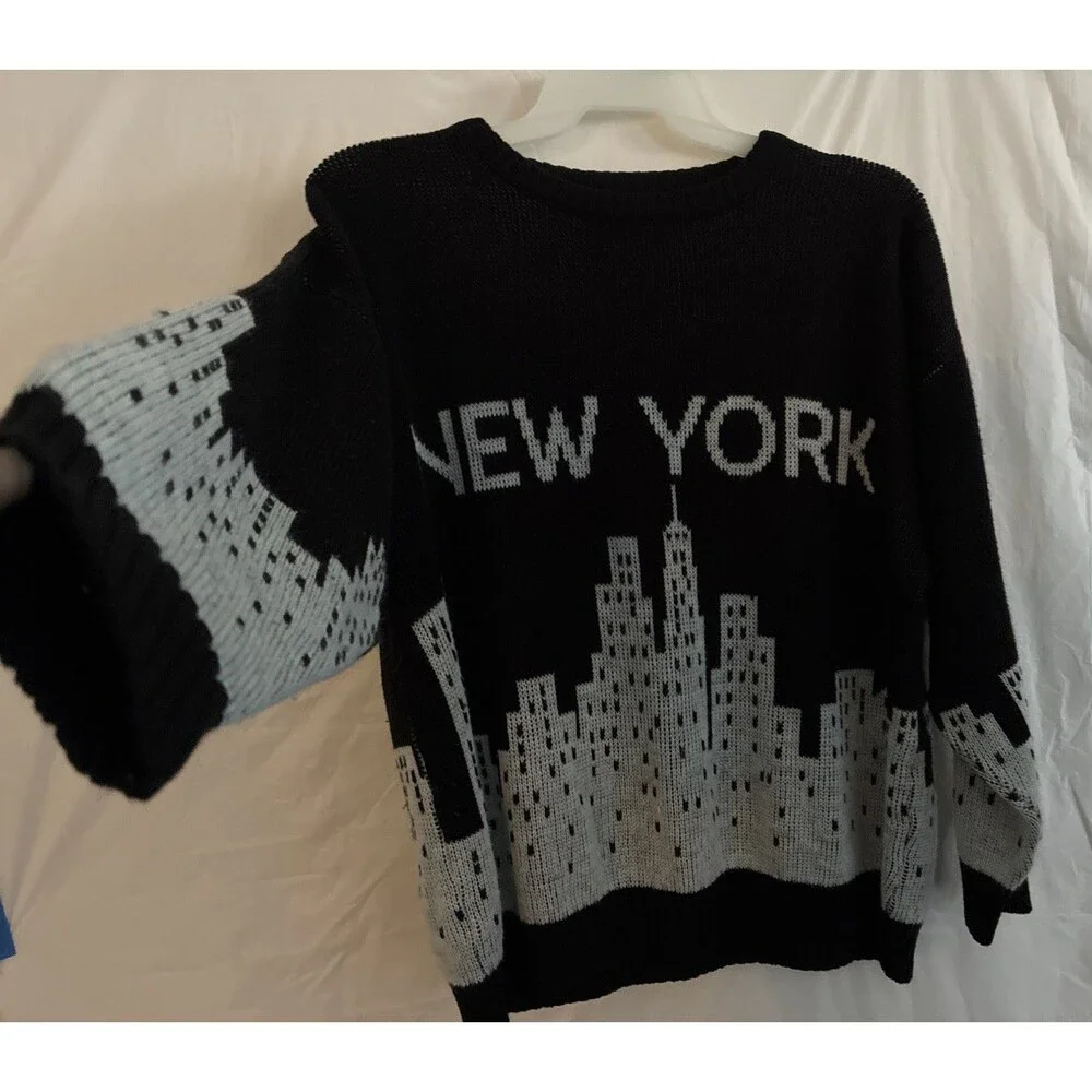 VTG Sweater New York Graphic Knit Pullover Crewneck Black Long Sleeve USA Made